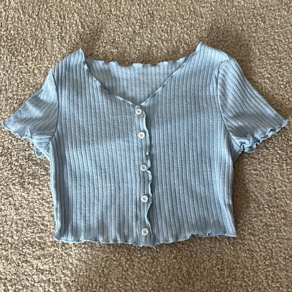 Blue V Neck Crop Top with Buttons, Size 11/12